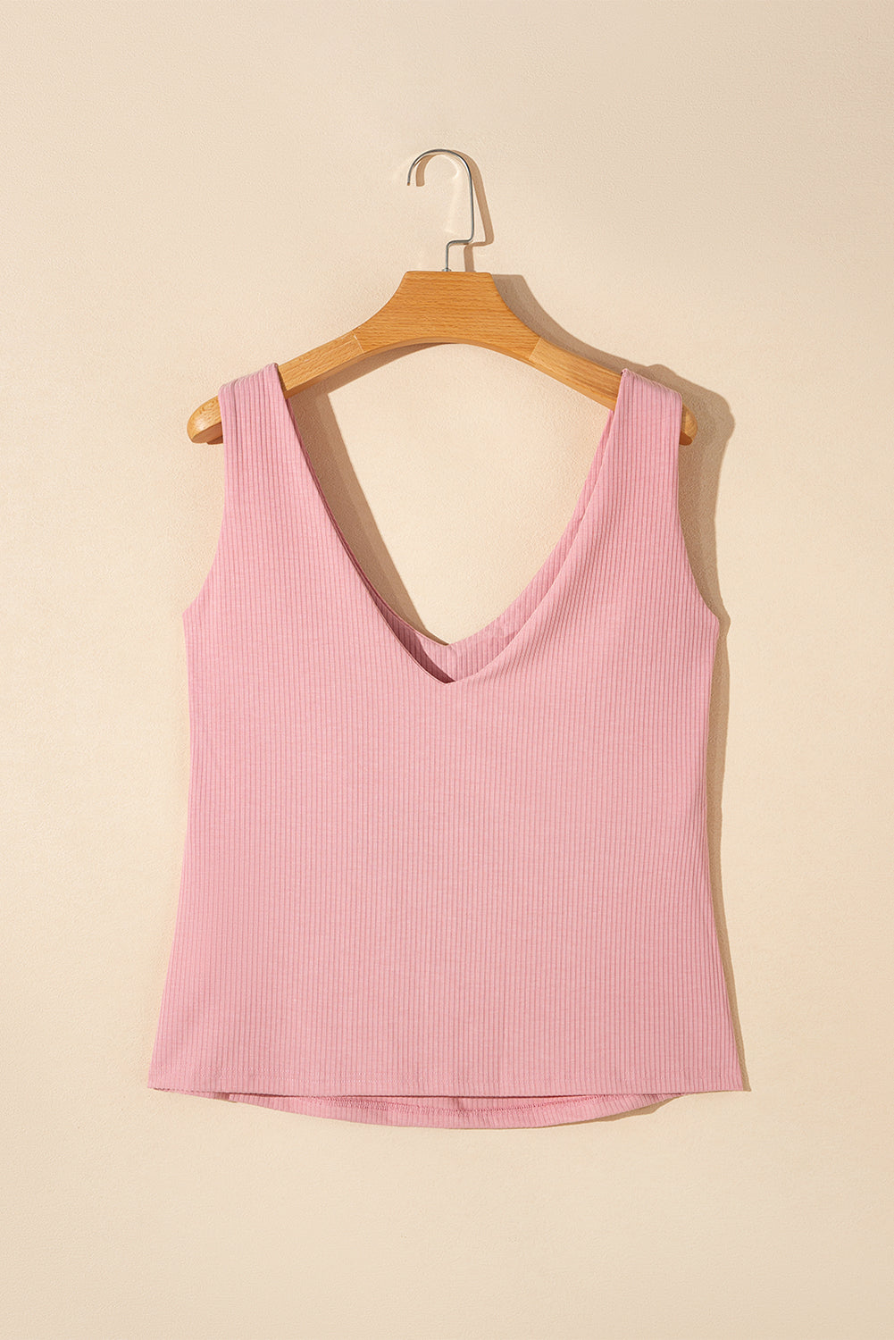 Light Pink V Neck Rib Textured Tank Top