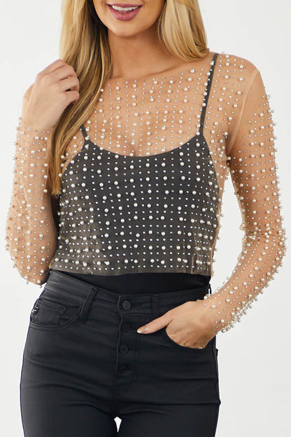 Haut en maille transparente avec perles et strass abricot