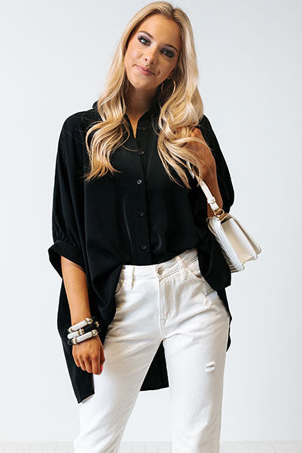 White 3/4 Puff Sleeve Oversize Shirt