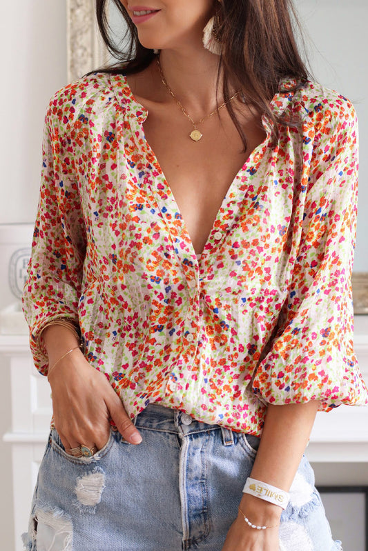 Camisa multicolorida com estampa floral Boho frontal com botão