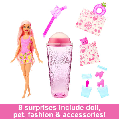 Barbie Pop Reveal Fruit Series Doll, Colour-Changing Doll with Pink Hair, 8 Surprises Including