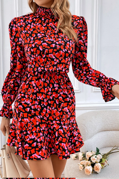 Red Valentines Day Heart Shape Print Long Sleeve Mini Dress - Posh Discount