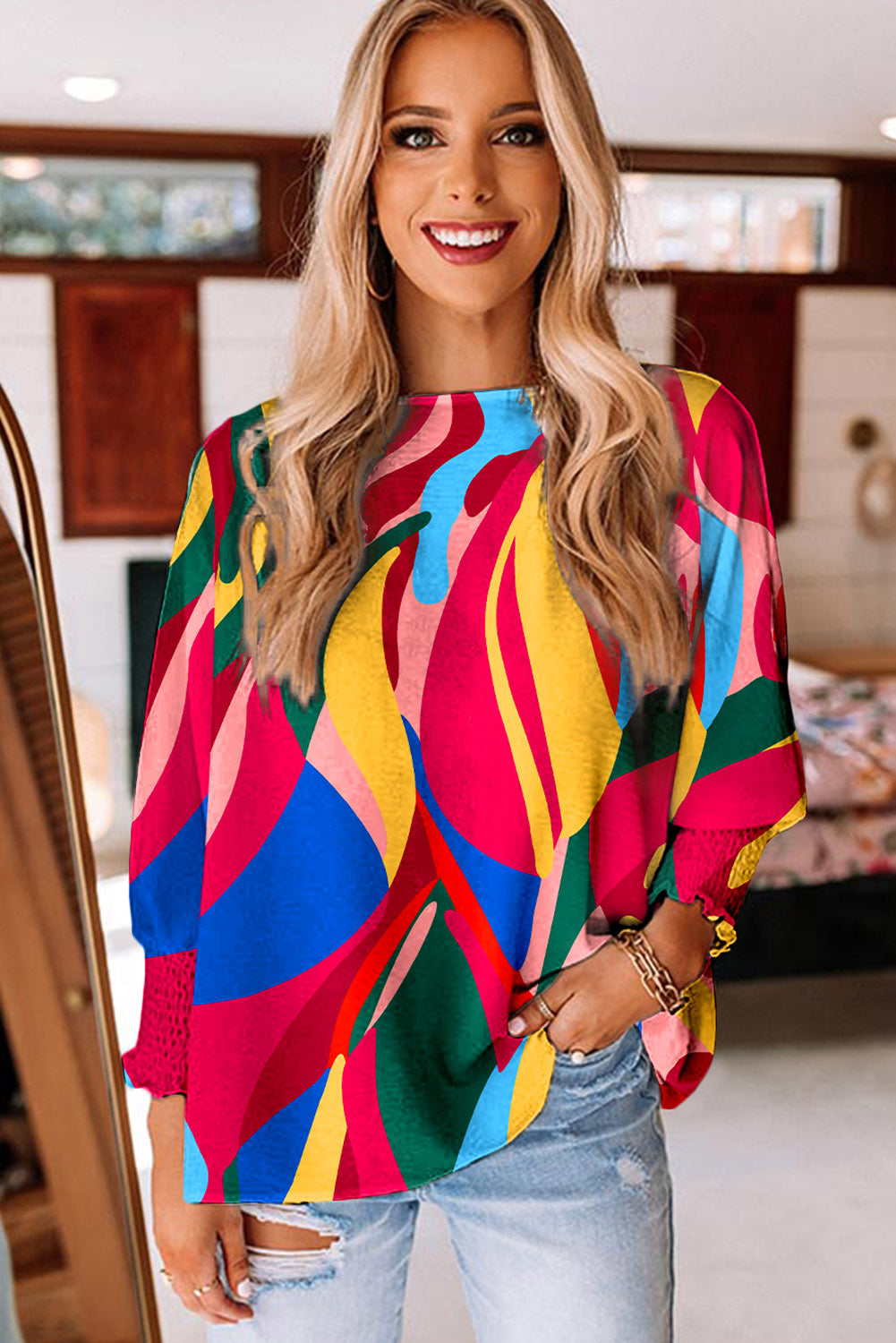 Multicolor Abstract Print Smocked Puff Sleeve Blouse