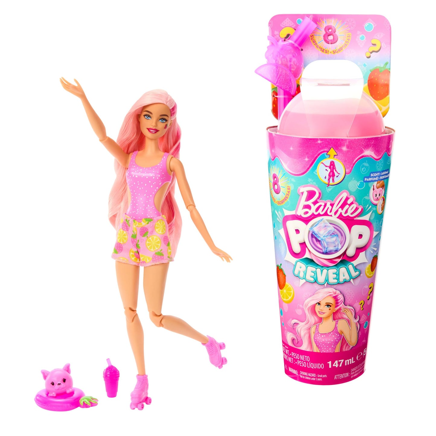 Barbie Pop Reveal Fruit Series Doll, Colour-Changing Doll with Pink Hair, 8 Surprises Including