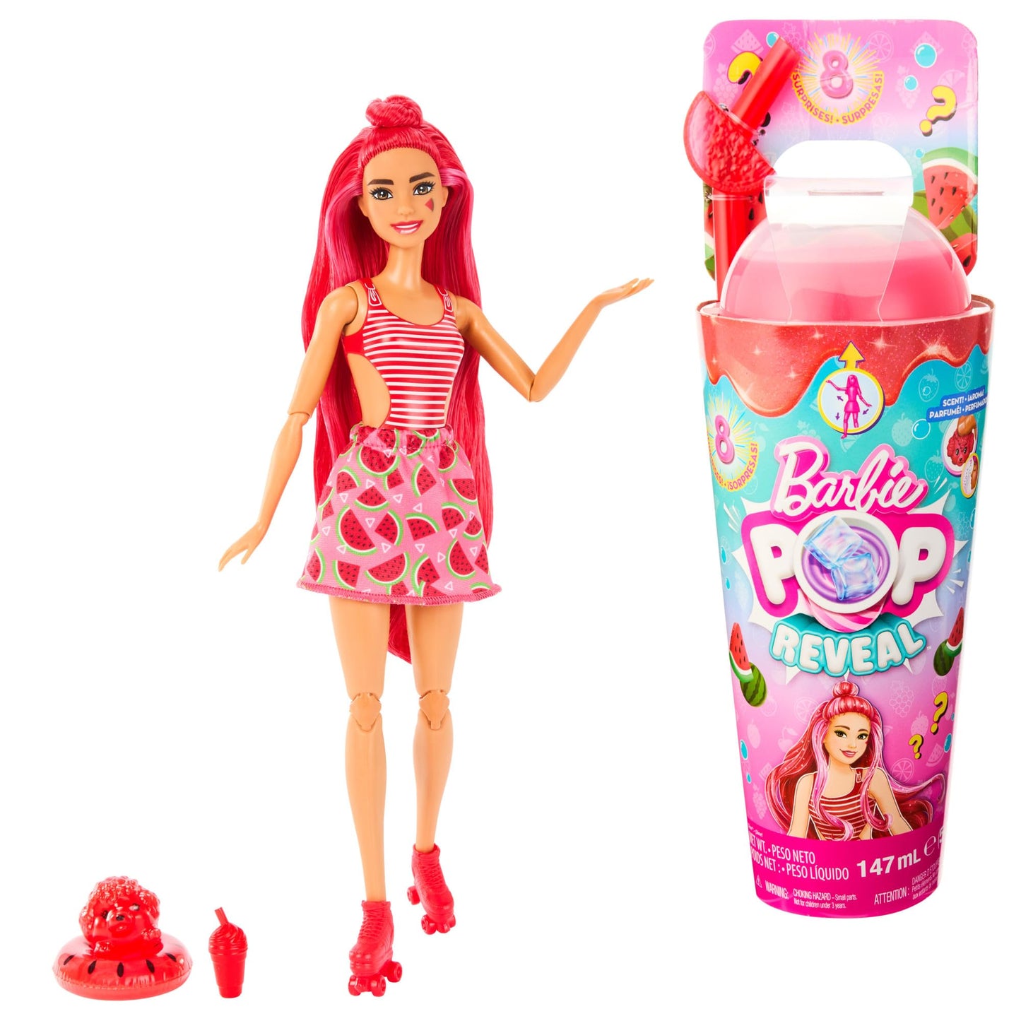 Barbie Pop Reveal Fruit Series Doll, Colour-Changing Doll with Pink Hair, 8 Surprises Including