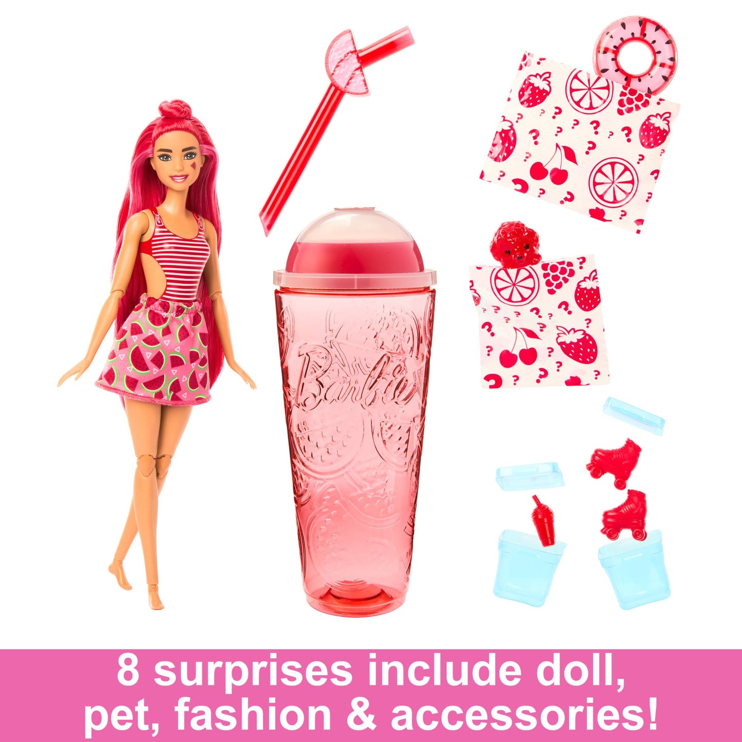 Barbie Pop Reveal Fruit Series Doll, Colour-Changing Doll with Pink Hair, 8 Surprises Including