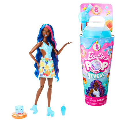 Barbie Pop Reveal Fruit Series Doll, Colour-Changing Doll with Pink Hair, 8 Surprises Including