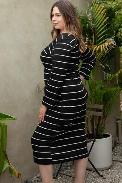 Black Plus Size Striped Loose Long Shift Dress