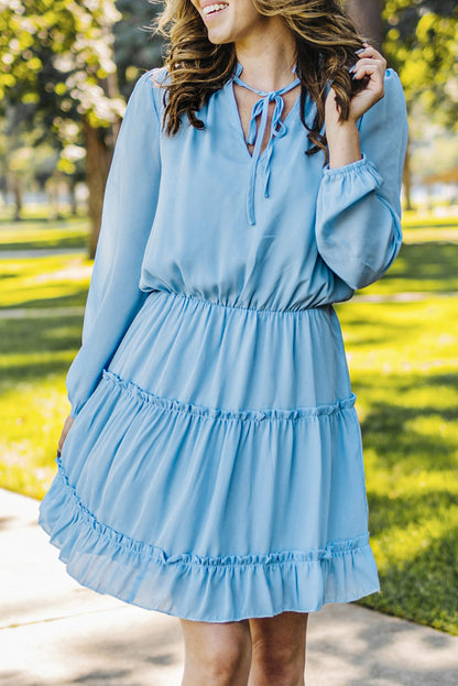 V Neck Long Sleeve Ruffle Tiered Mini Dress