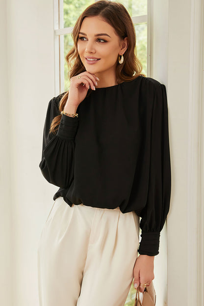 White Padded Shoulder Buttoned Cuffs Pleated Loose Blouse