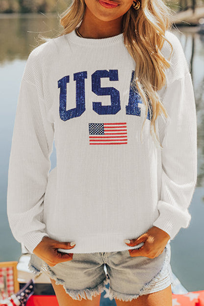 White USA Flag Corded Graphic Sweatshirt