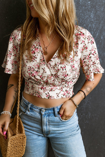 Pink Floral Print V Neck Wrapped Cropped Blouse