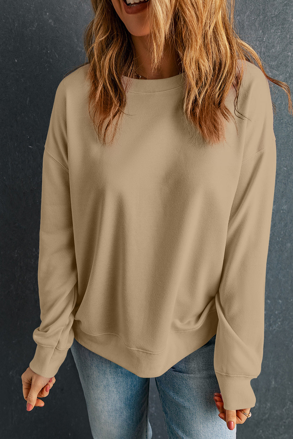 Sweat-shirt beige uni classique à col rond