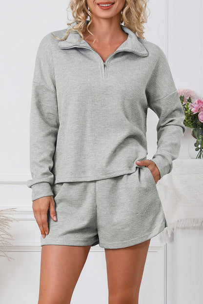 Black Ribbed Zipper Sweatshirt and High Waist Shorts Set