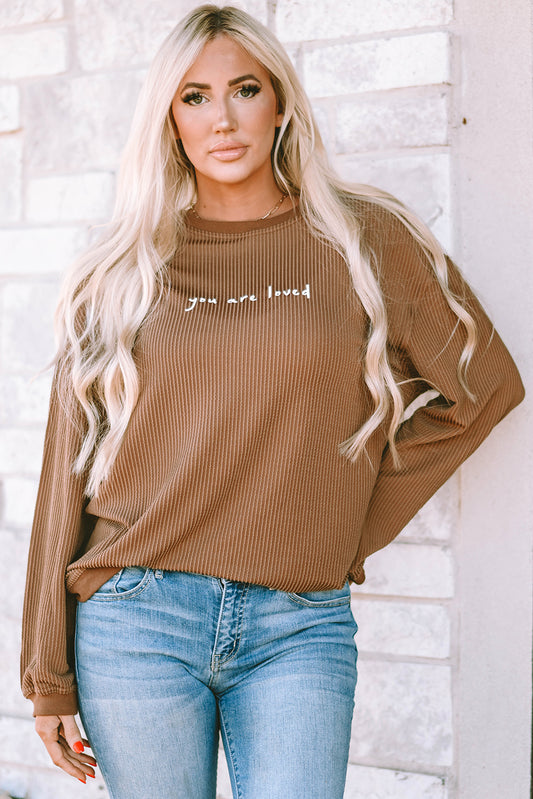 Blackish Green You Are Loved Print Corduroy Sweatshirt