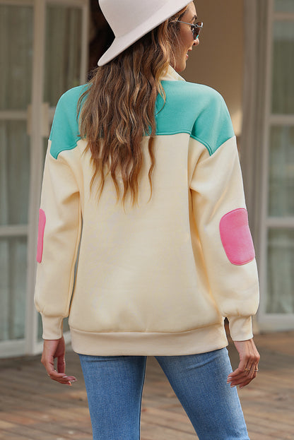 Apricot Color Block Elbow Patch Half Button Sweatshirt