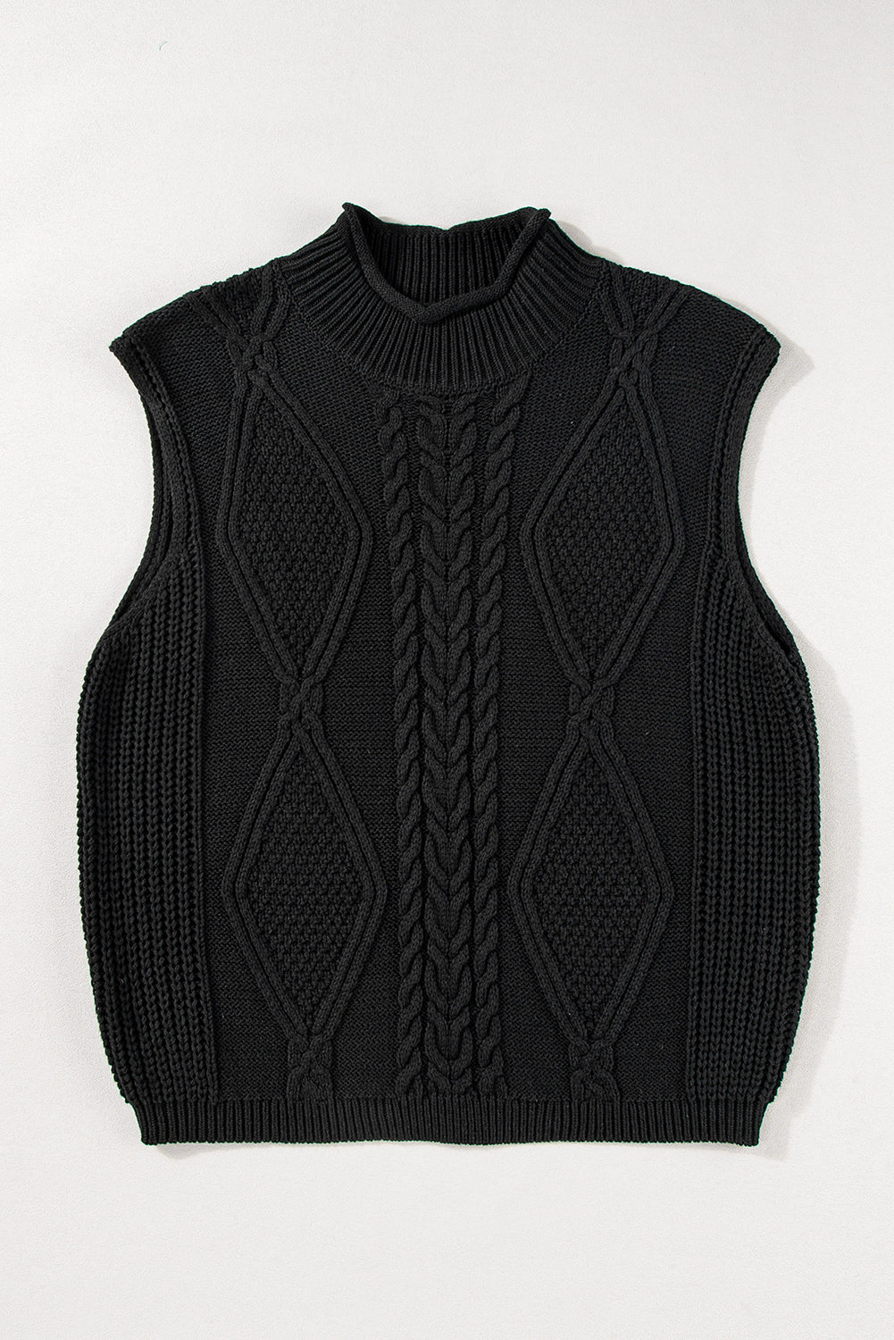 Black Solid Color Cable Knit High Neck Sweater Vest