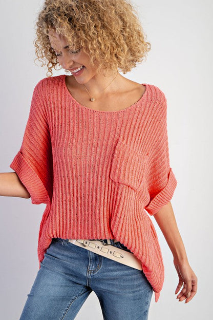 White Rolled Cuffs Loose Knit Tee with Slits