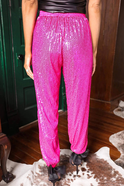 Pantalon de jogging taille haute à sequins et lien rose