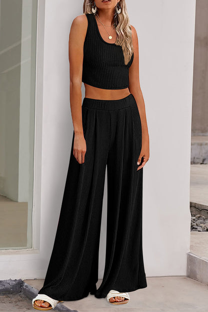 Parchment Textured Sleeveless Crop Top and Wide Leg Pants Outfit