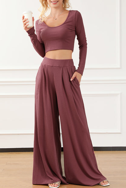 Gray Solid Color Ribbed Crop Top Long Pants Set