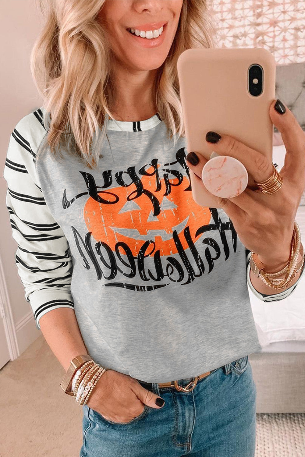 Letter Striped Pumpkin Print Halloween Long Sleeve Blouse