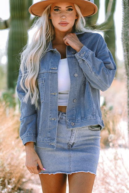 Blue Stripe Washed Oversize Pocketed Denim Jacket