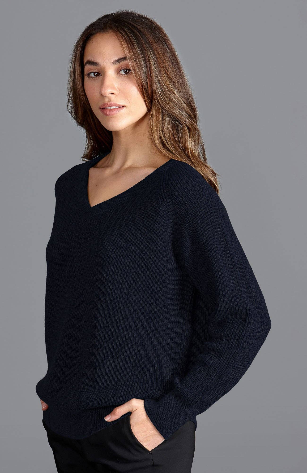 Womens Cotton Ribbed V Neck Jumper