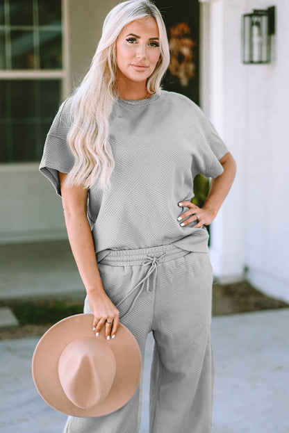 White Textured Loose Fit T Shirt and Drawstring Pants Set