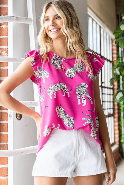 Rose Tiger Pattern Flutter Sleeve Crew Neck Blouse