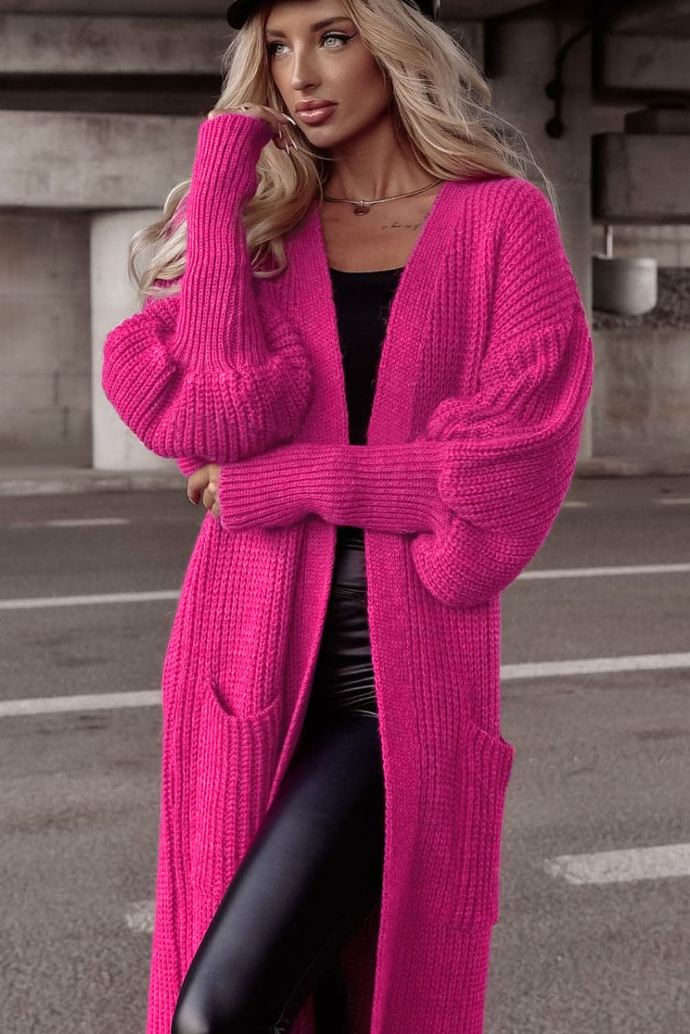 Cardigan de malha com bolsos laterais rosa e manga bolha