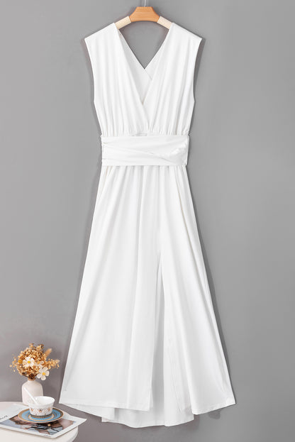 White Sleeveless Ruched High Split Cutout Back Maxi Dress - Posh Discount