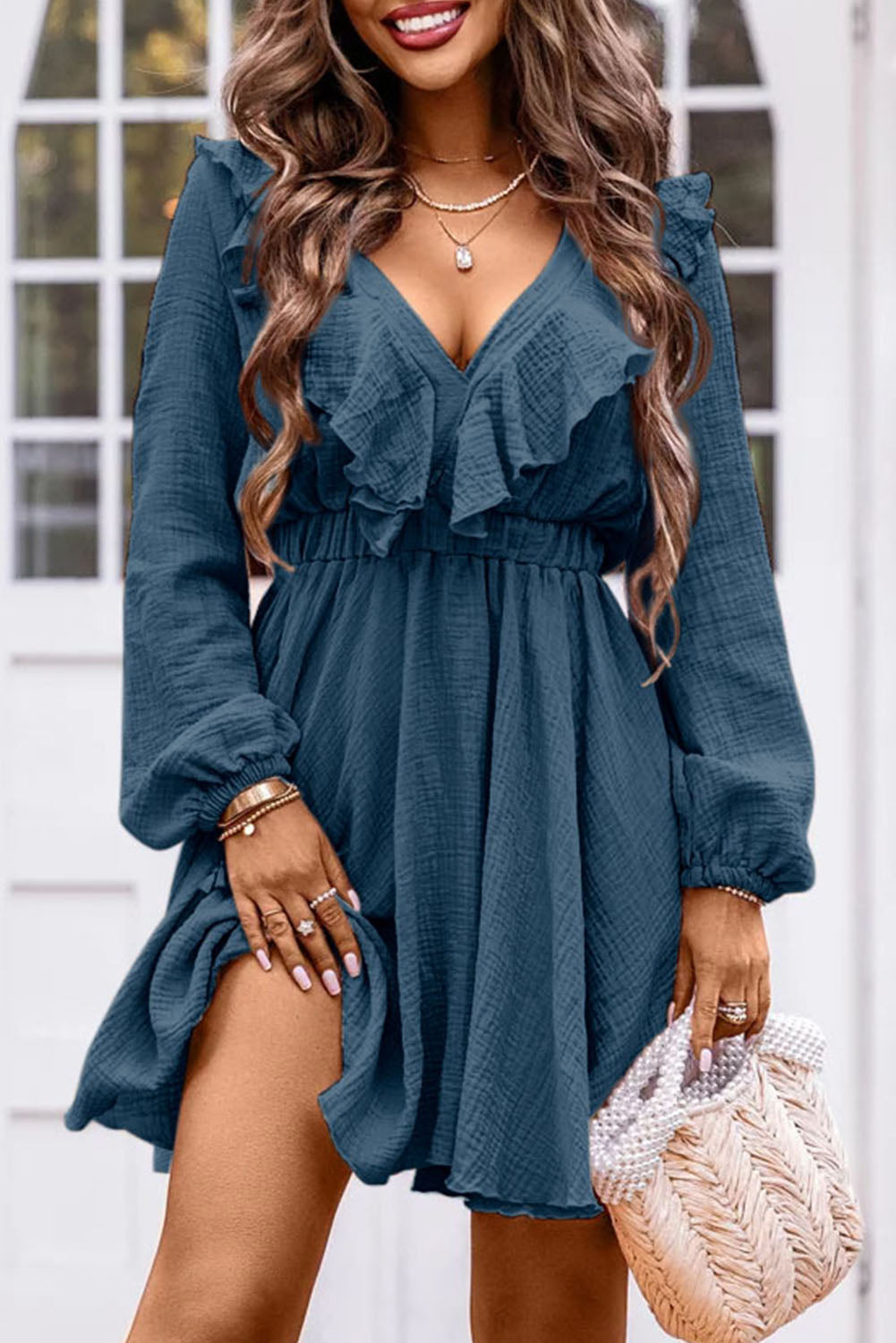 Black Textured Ruffled V Neck High Waist Mini Dress