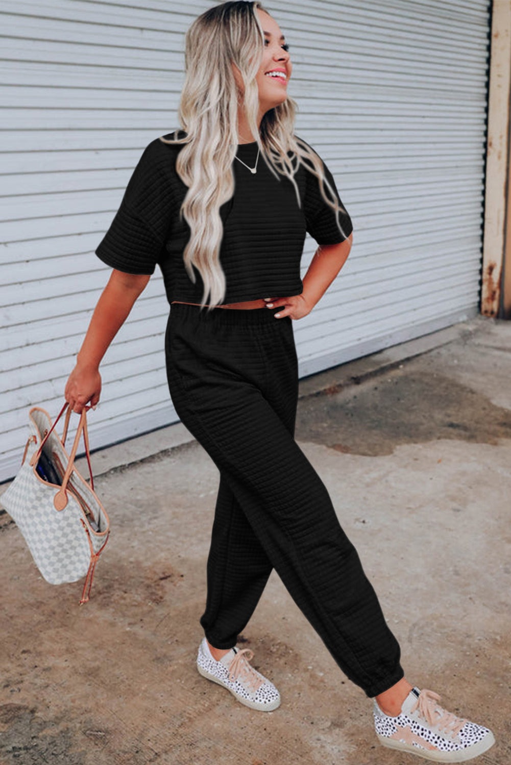 Rose Red Lattice Textured Cropped Tee and Jogger Pants Set