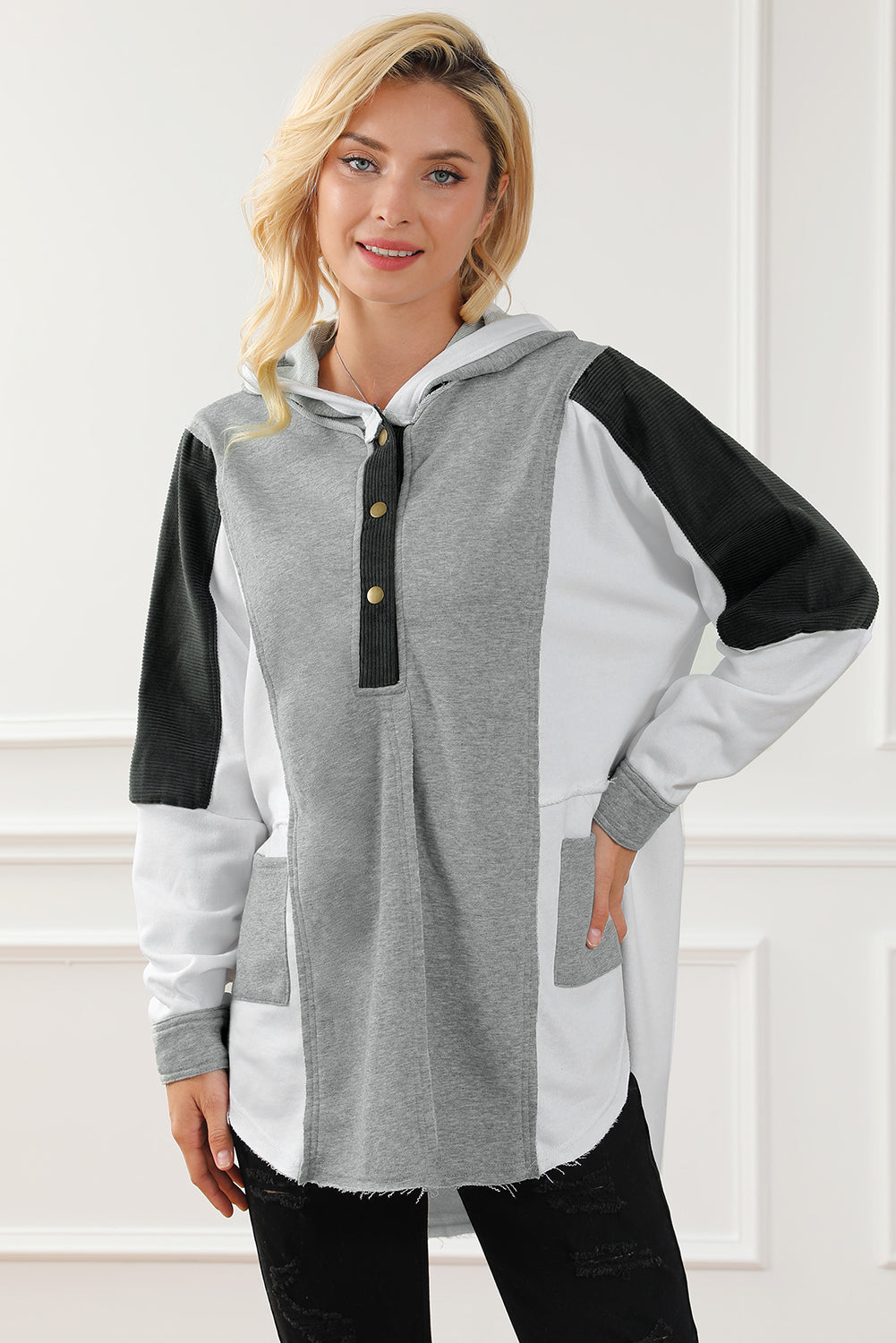 Black Color Block Exposed Seam Buttoned Neckline Hoodie