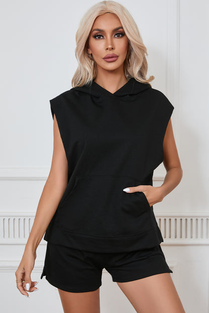 Ensemble sweat à capuche et short sans manches de couleur unie noir