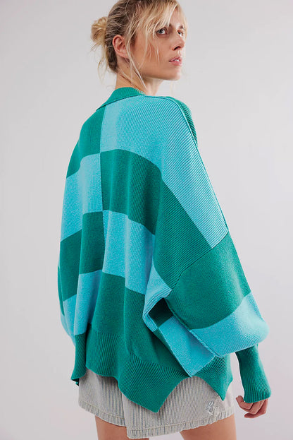 Green Checkered Side Slits Drop Shoulder Oversized Sweater