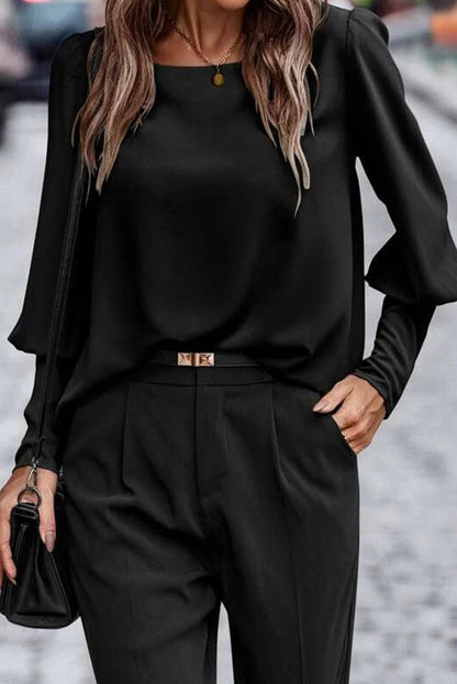 Black Plain Button Back Cuffed Puff Sleeve Blouse