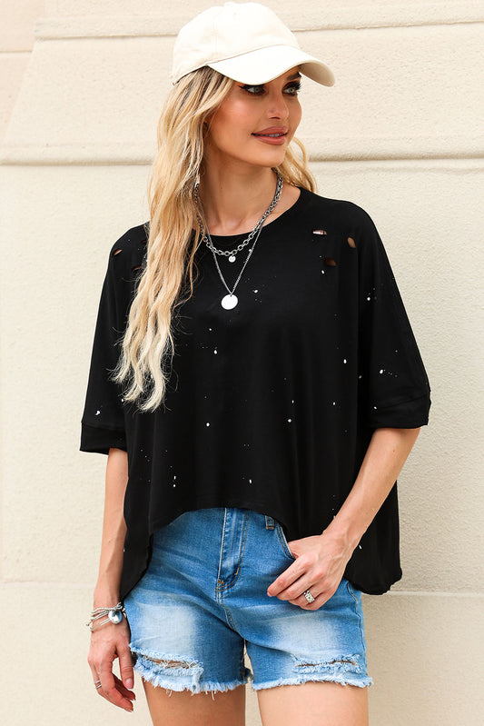 Black Distressed Bleached Asymmetric Hem Short Sleeve Top