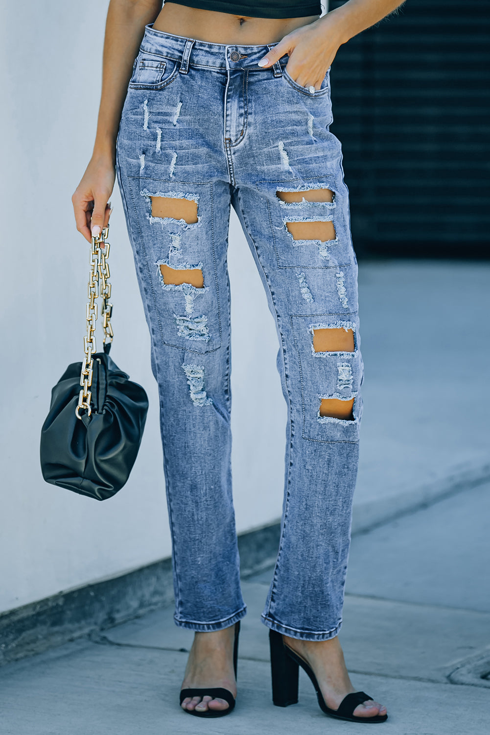 Gray Buttoned Pockets Distressed Jeans