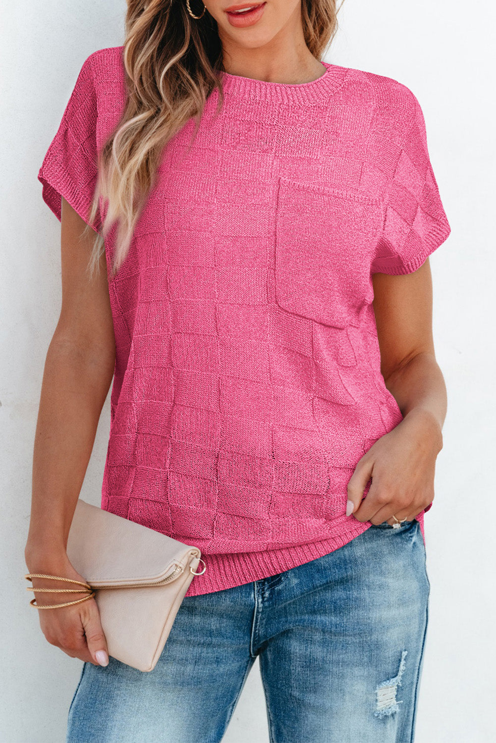 Dusty Pink Lattice Textured Knit Short Sleeve Sweater