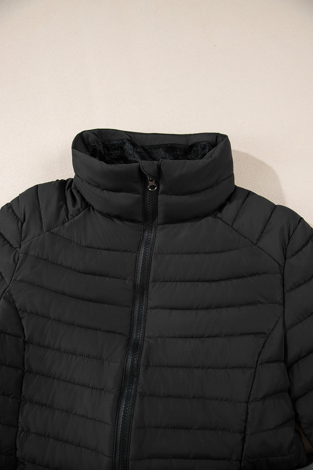 Black Solid Color Quilted Zip-up Puffer Jacket