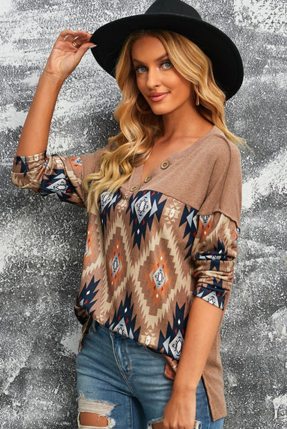 Brown Western Aztec Print Buttoned V Neck Top