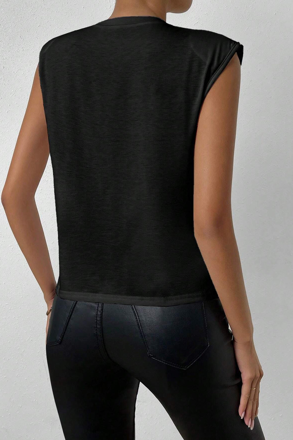 Black Pearls Beaded Shoulder Pad Crew Neck Tank Top