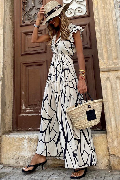 White Abstract Vein Print V Neck Ruffle Maxi Dress - Posh Discount