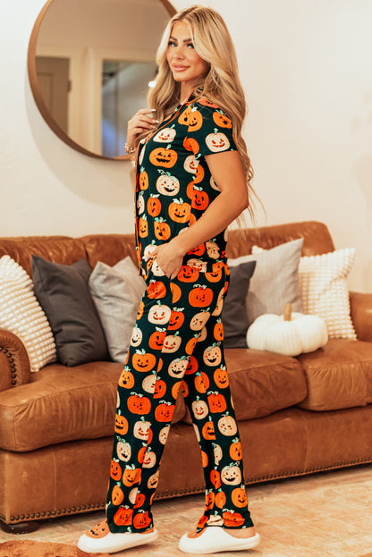 Orange Halloween Pattern Short Sleeve Shirt Pajama Set