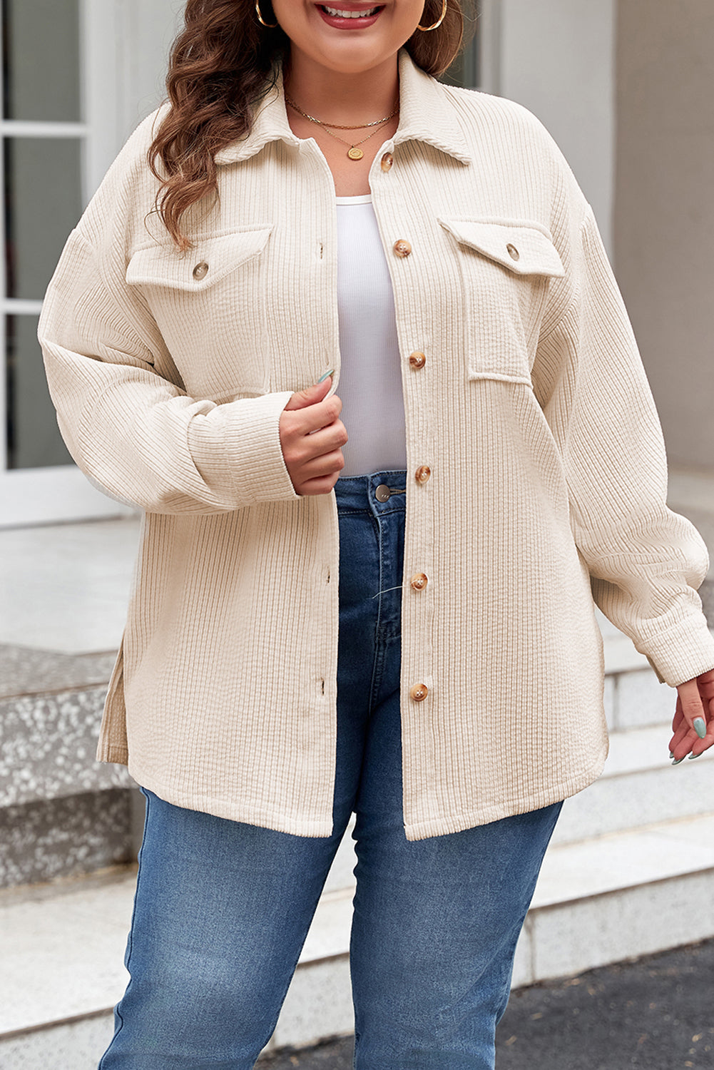 Oatmeal Textured Flap Pockets Buttoned Plus Size Shacket