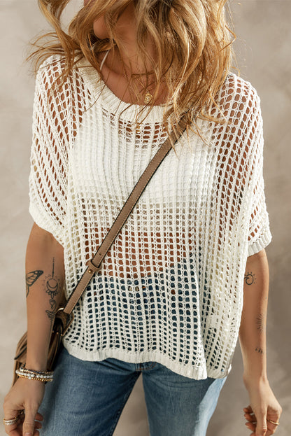 Apricot Fishnet Knit Ribbed Round Neck Short Sleeve Sweater Tee