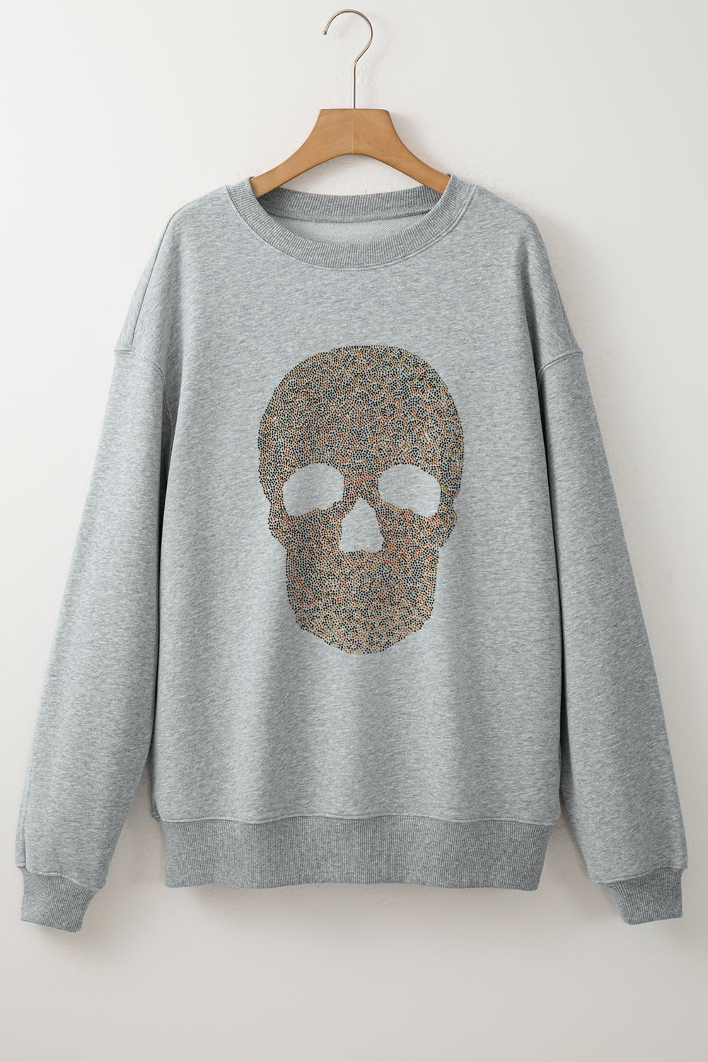 Light Grey Rhinestone Skull Graphic Drop Shoulder Sweatshirt