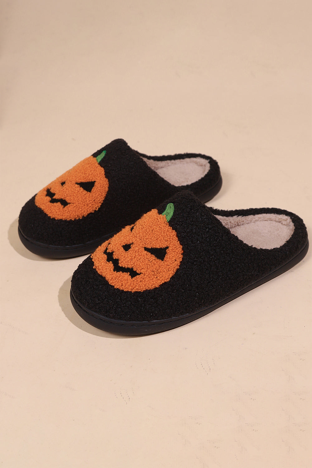 White Halloween Pumpkin Print Plush Slippers (Runs Small, Size Up)